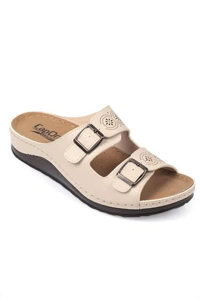 Capone Jaclin 107009 Women Beige Double Starps Slide Comfort Anatomical Sandals