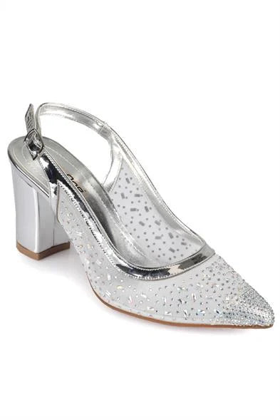 Capone Nona 145 Blok Potpetica Kristalno Ukrašene Slingback Ženske Srebrne Cipele