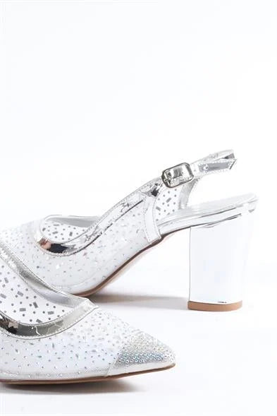 Capone Nona 145 Blok Potpetica Kristalno Ukrašene Slingback Ženske Srebrne Cipele