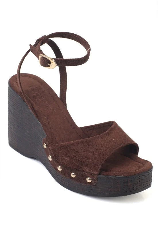 Capone Aline Wedge Heel Ankle Strap Suede Look Women Sued Beige Sandal