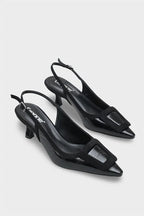 Capone Angelina Pointed Toe Croc Effect Open Back Mid Heel Women Black Shoe