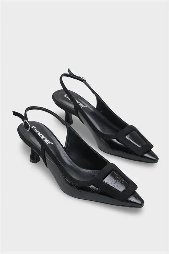 Capone Angelina Pointed Toe Croc Effect Open Back Mid Heel Women Black Shoe