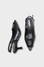 Capone Angelina Pointed Toe Croc Effect Open Back Mid Heel Women Black Shoe
