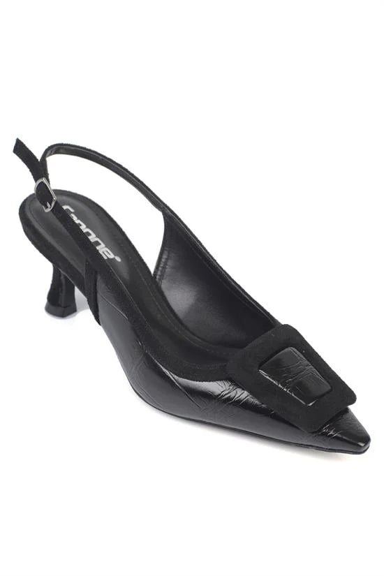 Capone Angelina Pointed Toe Croc Effect Open Back Mid Heel Women Black Shoe