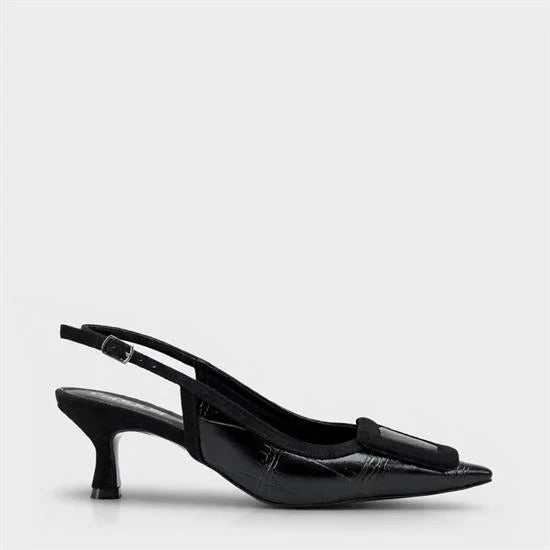 Capone Angelina Pointed Toe Croc Effect Open Back Mid Heel Women Black Shoe