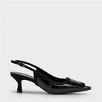 Capone Angelina Pointed Toe Croc Effect Open Back Mid Heel Women Black Shoe