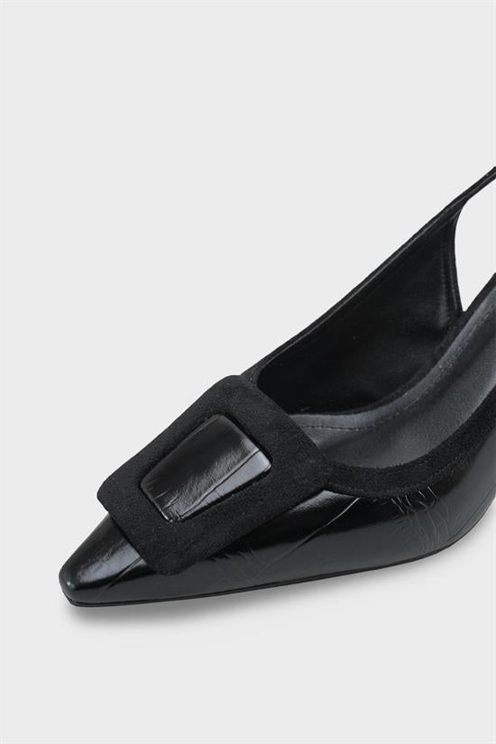 Capone Angelina Pointed Toe Croc Effect Open Back Mid Heel Women Black Shoe