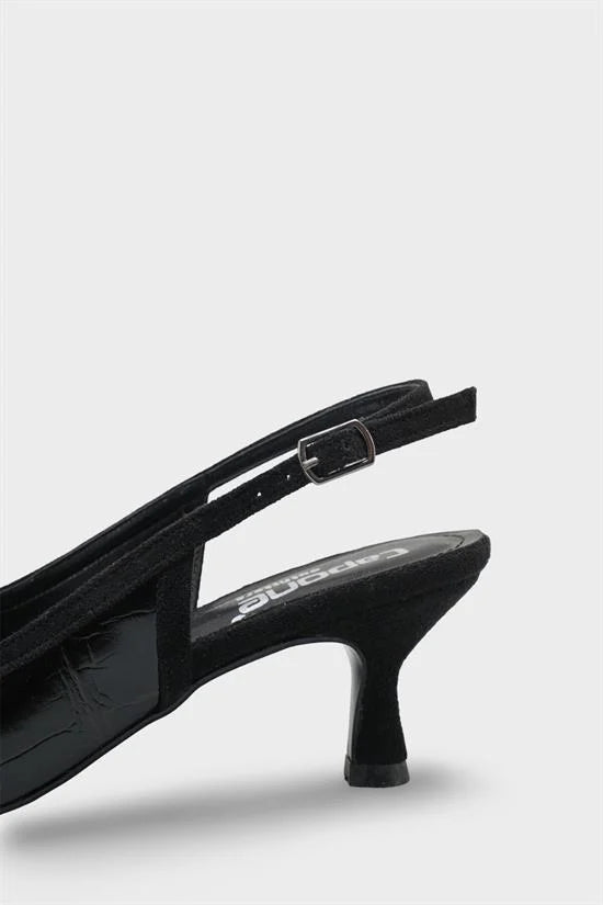Capone Angelina Pointed Toe Croc Effect Open Back Mid Heel Women Black Shoe