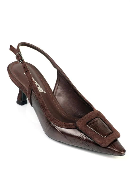 Capone Angelina Pointed Toe Croc Effect Open Back Mid Heel Women Black Shoe
