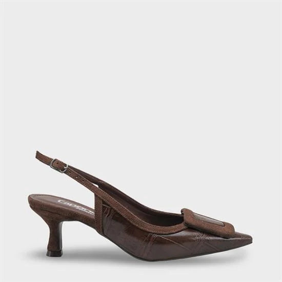 Capone Angelina Pointed Toe Croc Effect Open Back Mid Heel Women Black Shoe