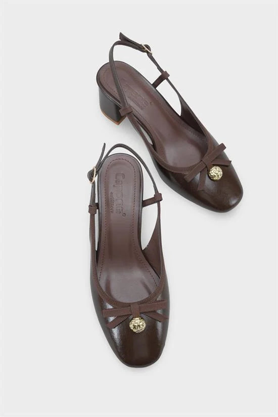 Capone Arielle Round Toe Ankle Strap Mid Heel Bow Detail Women Black Shoe