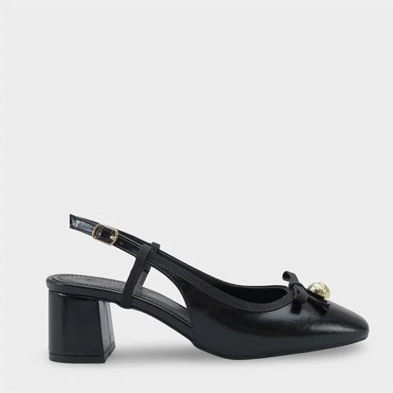 Capone Arielle Round Toe Ankle Strap Mid Heel Bow Detail Women Black Shoe