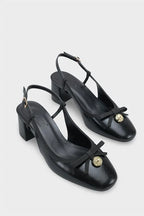 Capone Arielle Round Toe Ankle Strap Mid Heel Bow Detail Women Black Shoe