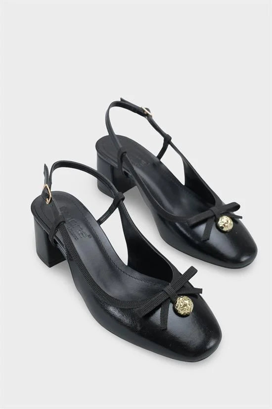 Capone Arielle Round Toe Ankle Strap Mid Heel Bow Detail Women Black Shoe