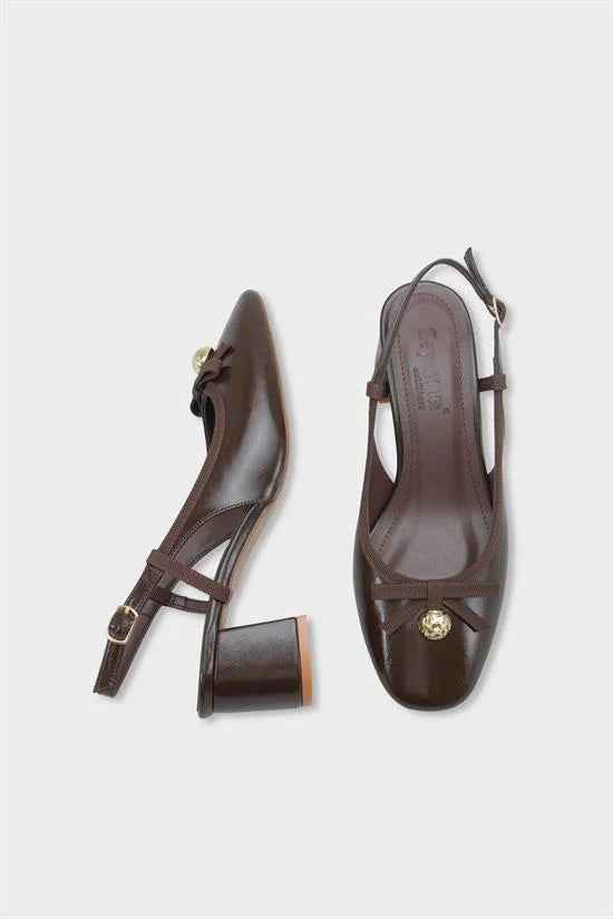 Capone Arielle Round Toe Ankle Strap Mid Heel Bow Detail Women Black Shoe