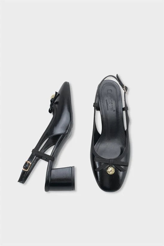 Capone Arielle Round Toe Ankle Strap Mid Heel Bow Detail Women Black Shoe