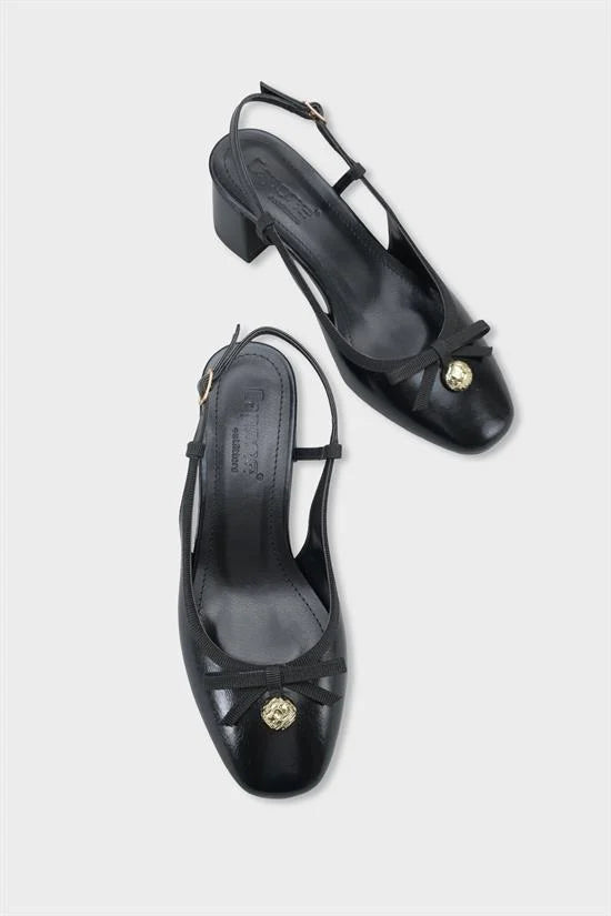 Capone Arielle Round Toe Ankle Strap Mid Heel Bow Detail Women Black Shoe