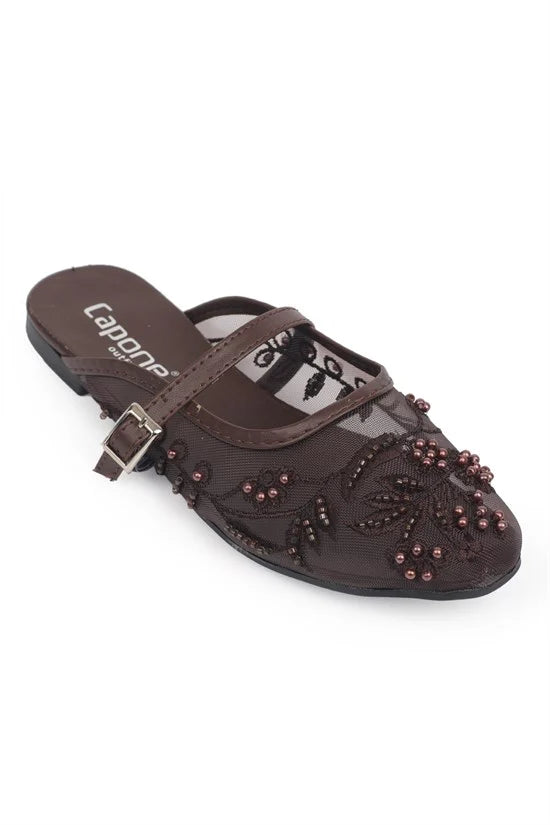 Capone Avie Lace Mesh Embroidered Women White Mule