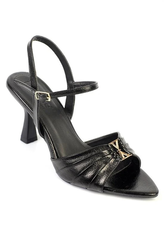 Capone Belvia Pointed Toe Metallic Ankle Strap Mid Heel Women Black Shoe