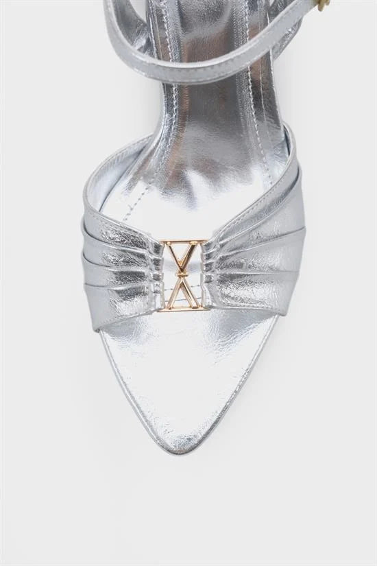 Capone Belvia Pointed Toe Metallic Ankle Strap Mid Heel Women Black Shoe