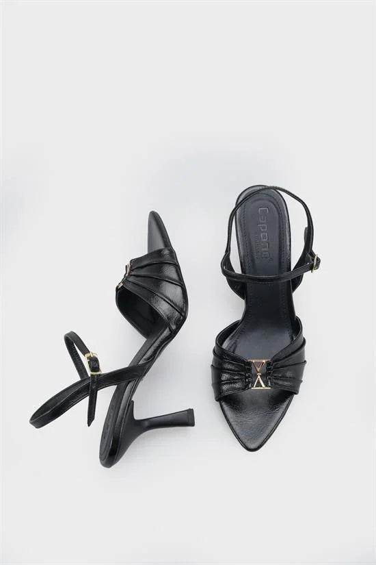 Capone Belvia Pointed Toe Metallic Ankle Strap Mid Heel Women Black Shoe