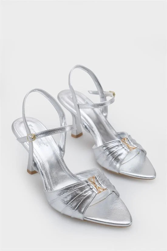 Capone Belvia Pointed Toe Metallic Ankle Strap Mid Heel Women Black Shoe