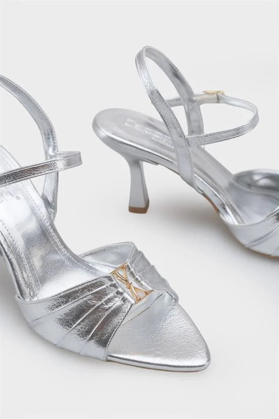 Capone Belvia Pointed Toe Metallic Ankle Strap Mid Heel Women Black Shoe
