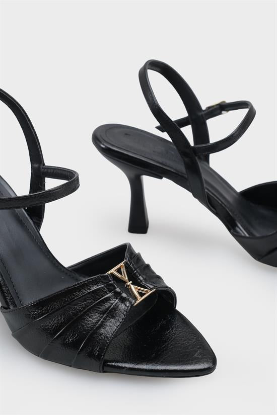 Capone Belvia Pointed Toe Metallic Ankle Strap Mid Heel Women Black Shoe