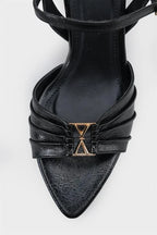 Capone Belvia Pointed Toe Metallic Ankle Strap Mid Heel Women Black Shoe