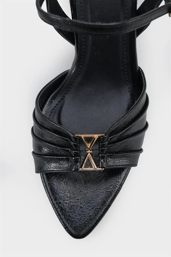 Capone Belvia Pointed Toe Metallic Ankle Strap Mid Heel Women Black Shoe