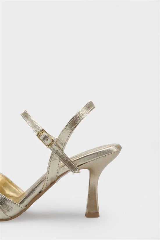 Capone Belvia Pointed Toe Metallic Ankle Strap Mid Heel Women Black Shoe
