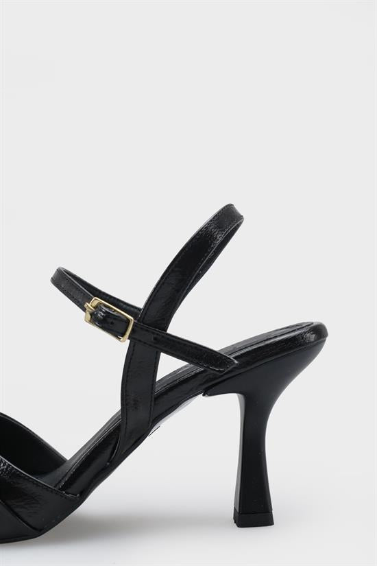 Capone Belvia Pointed Toe Metallic Ankle Strap Mid Heel Women Black Shoe