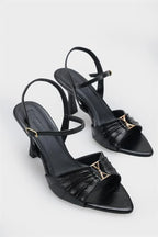 Capone Belvia Pointed Toe Metallic Ankle Strap Mid Heel Women Black Shoe