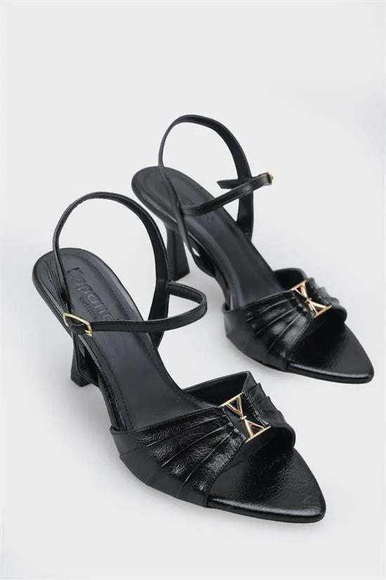 Capone Belvia Pointed Toe Metallic Ankle Strap Mid Heel Women Black Shoe
