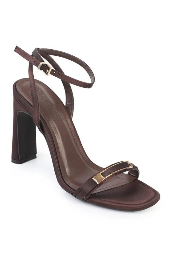 Capone Bessy Square Toe High Heel Metal Accessory Ankle Strap Women Satin Black Shoe