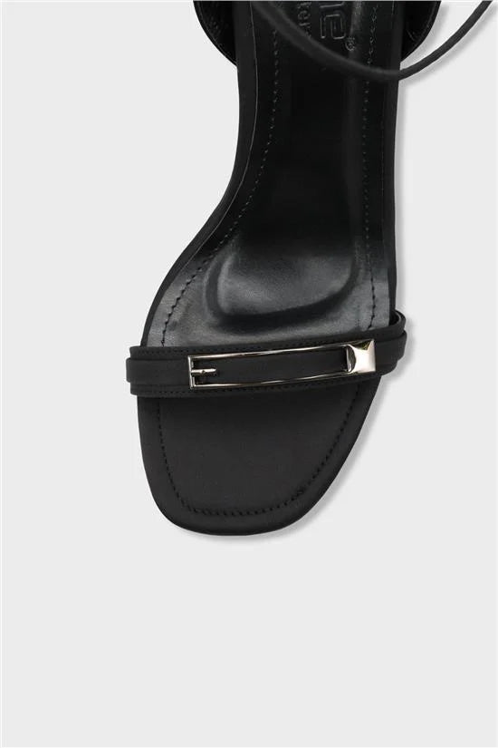 Capone Bessy Square Toe High Heel Metal Accessory Ankle Strap Women Satin Black Shoe