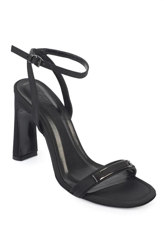Capone Bessy Square Toe High Heel Metal Accessory Ankle Strap Women Satin Black Shoe