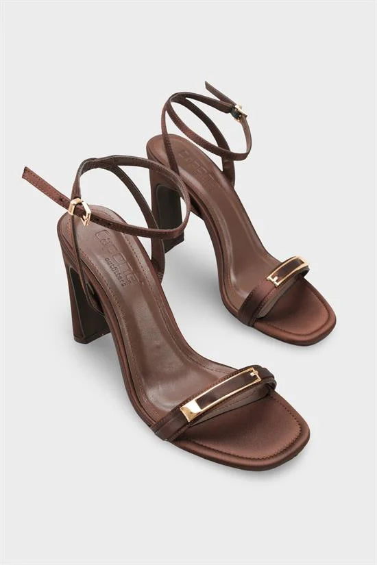 Capone Bessy Square Toe High Heel Metal Accessory Ankle Strap Women Satin Black Shoe