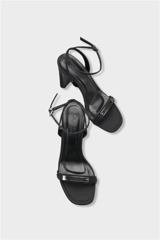 Capone Bessy Square Toe High Heel Metal Accessory Ankle Strap Women Satin Black Shoe