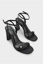 Capone Bessy Square Toe High Heel Metal Accessory Ankle Strap Women Satin Black Shoe