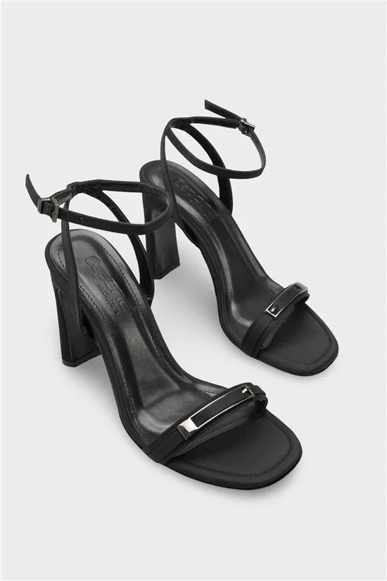 Capone Bessy Square Toe High Heel Metal Accessory Ankle Strap Women Satin Black Shoe