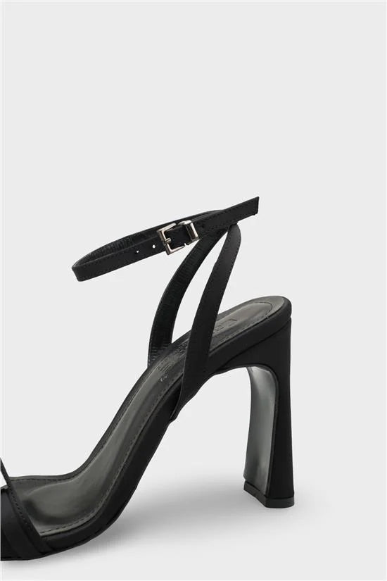Capone Bessy Square Toe High Heel Metal Accessory Ankle Strap Women Satin Black Shoe