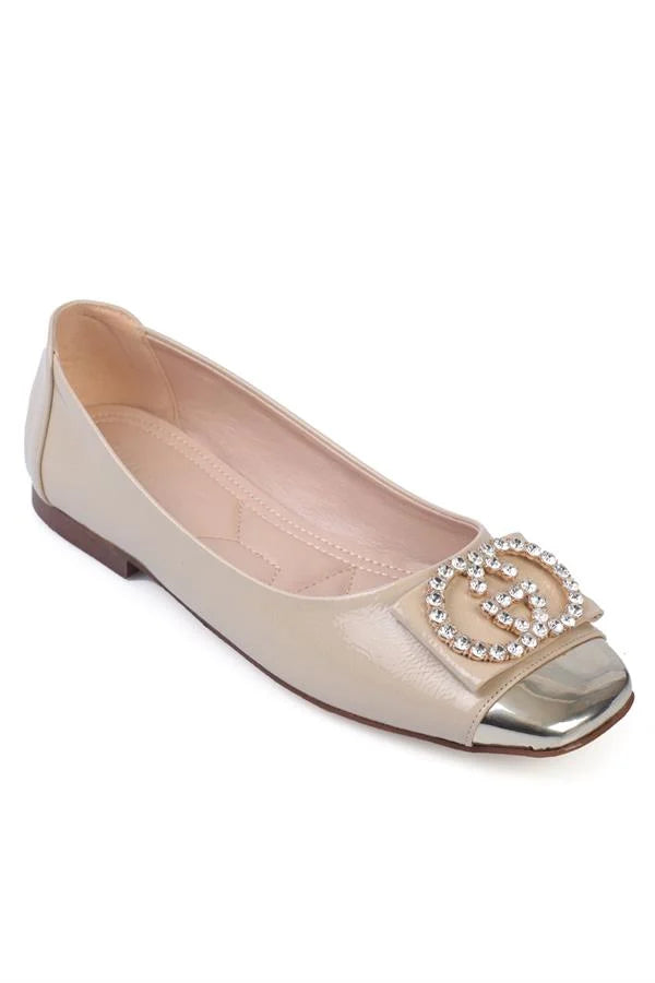Capone Adel Blunt Toe Crystal Embellished Buckled Women Crinkle Patent Nude Ballerinas