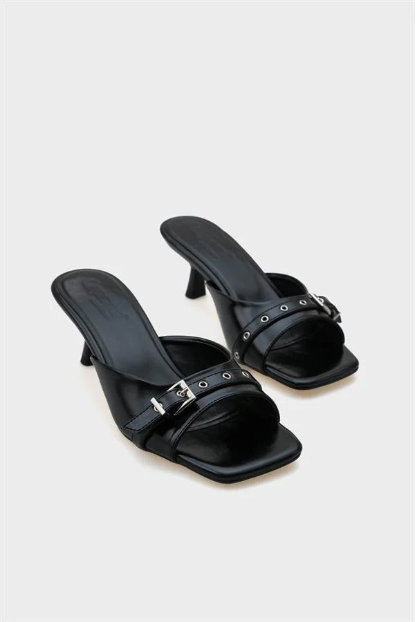 Capone Millie Blunt Toe Medium Heel Metal Buckled Women Black Sandals