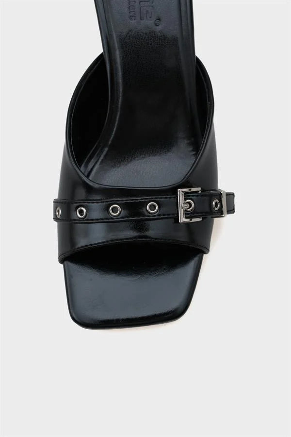 Capone Millie Blunt Toe Medium Heel Metal Buckled Women Black Sandals