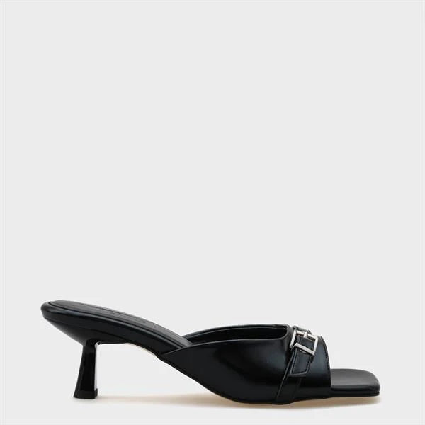 Capone Millie Blunt Toe Medium Heel Metal Buckled Women Black Sandals