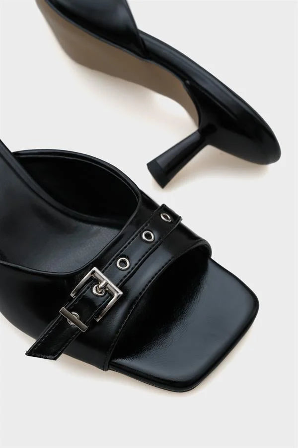 Capone Millie Blunt Toe Medium Heel Metal Buckled Women Black Sandals