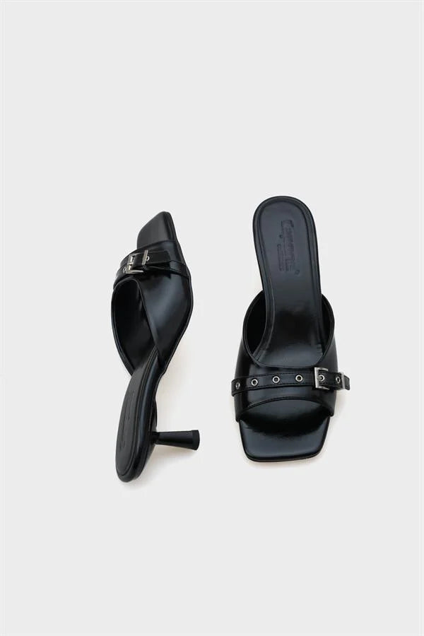 Capone Millie Blunt Toe Medium Heel Metal Buckled Women Black Sandals
