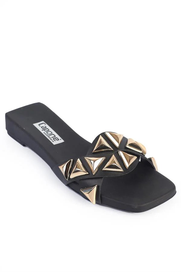Capone Manon Blunt Toe Metal Accessory Short Heeled Comfort Women Black Sandals