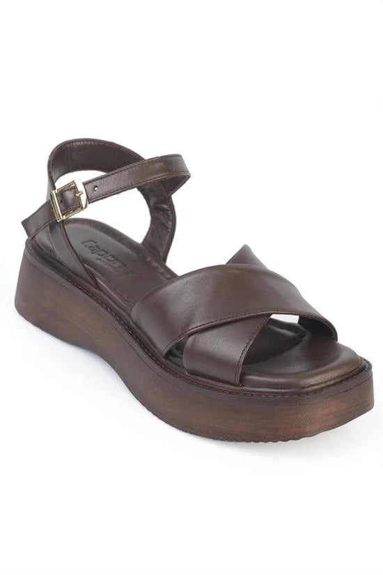 Capone Bobbi Genuine Leather Cross Strap Wedge Heel Women Tan Sandal